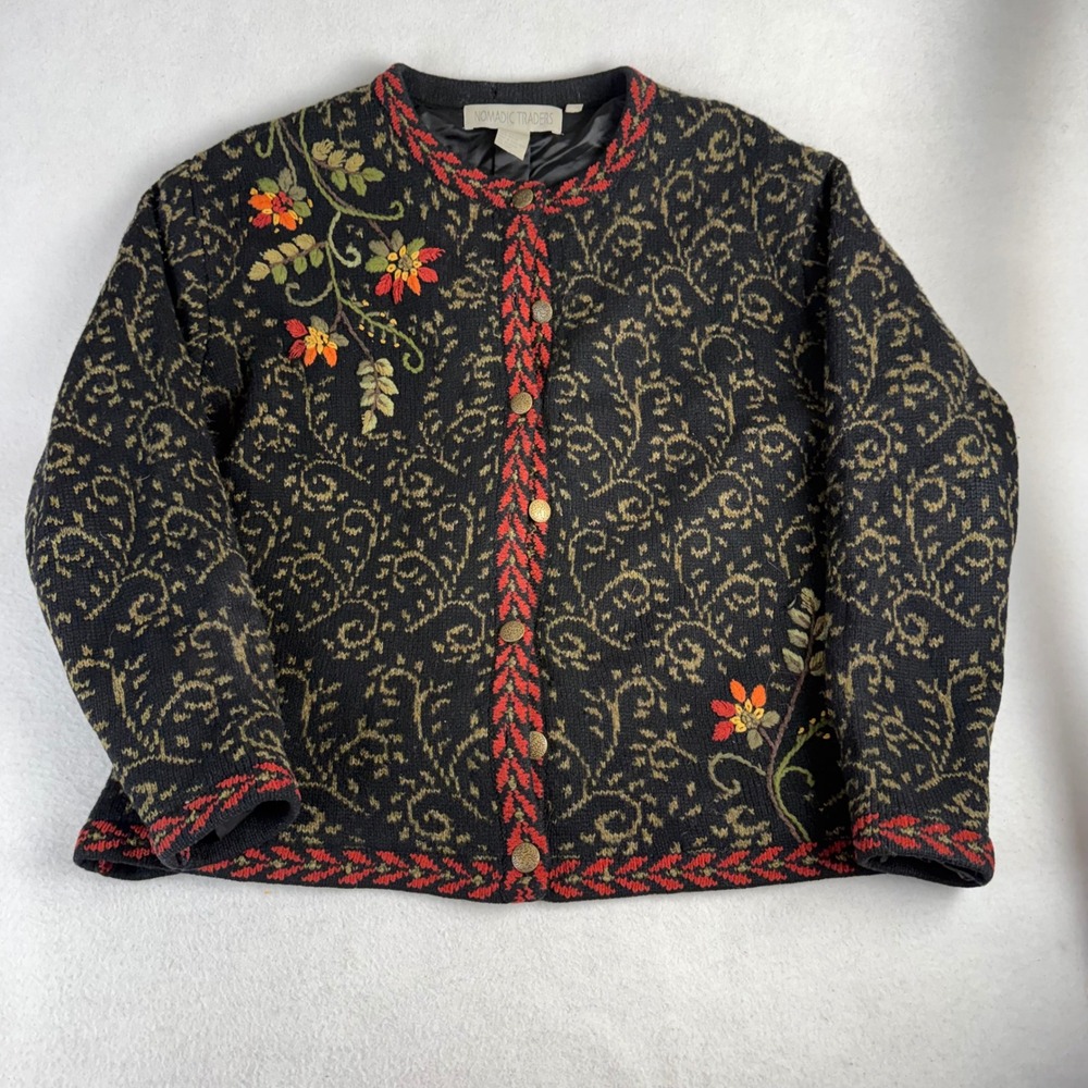 Nomadic Traders Womens Black Gold Floral Embroidered Lambswool Cardigan Large